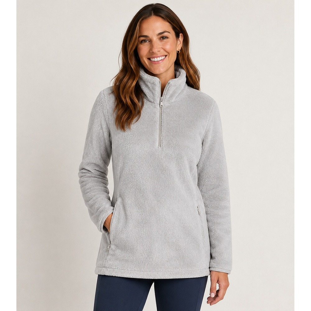 Lands End Womens Light Gray Plush Fleece Quarter Zip S‎ cozy gorpcore cabincore